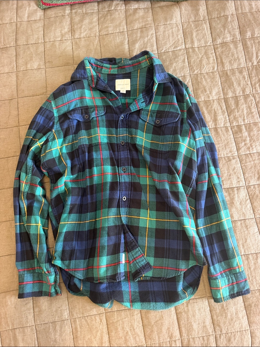 American Eagle Outfitters Teal, Navy & Yellow Plaid Button-Down Shirt